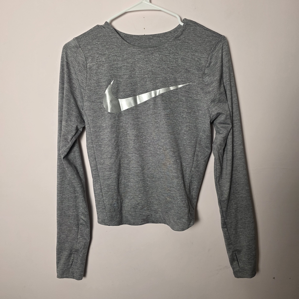 Nike Dri-Fit Gray Cinched Back Long Sleeve Top Thumbholes Fitted Activewear XS